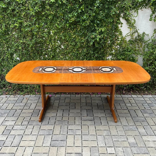 Vintage Scandinavian mid century modern teak dining table with inlaid ceramic tiles, made in Denmark by Gangso Mobler c....