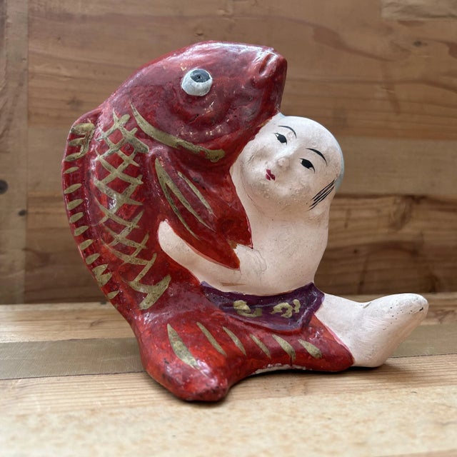 White Vintage Japanese Kintarō with Carp Figurine, 1950s For Sale - Image 8 of 13