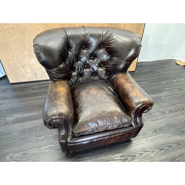 English Rh Churchill Leather Chair With Nailheads Vintage Ebony Leather | Down-Feather Fill | Classic Depth For Sale - Image 3 of 18