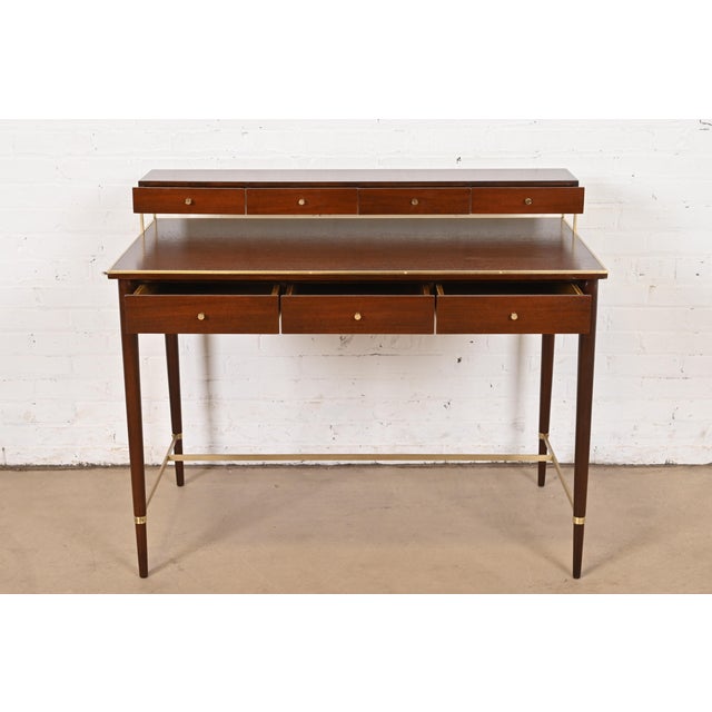 1950s Paul McCobb Connoisseur Collection Mahogany and Brass Writing Desk, Newly Refinished For Sale - Image 5 of 11