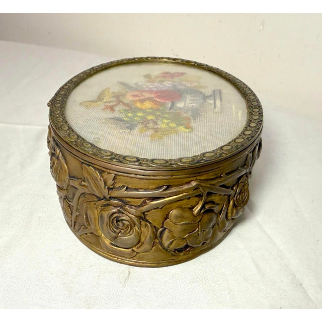 French Antique 1800's French Handmade Micro Petit Point Bronze Dresser Jewelry Box Jar For Sale - Image 3 of 11