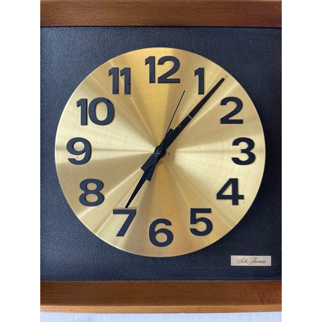 Vintage Mid-Century Modern Seth Thomas Wall Clock "Candid" Model E326-004 in Likely Walnut Shadow Box With Brass Toned Dial For Sale - Image 9 of 10