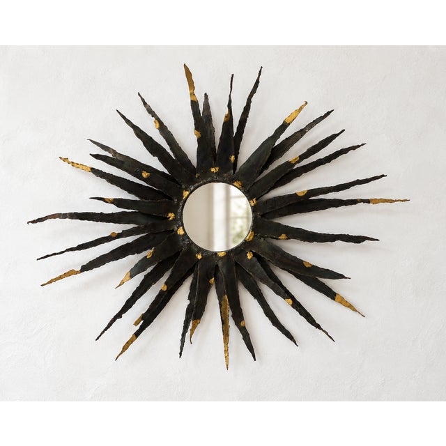 Large Brutalist Sunburst Mirror in Patinated Metal with Gilt Highlights, Europe, 1970 For Sale - Image 9 of 9