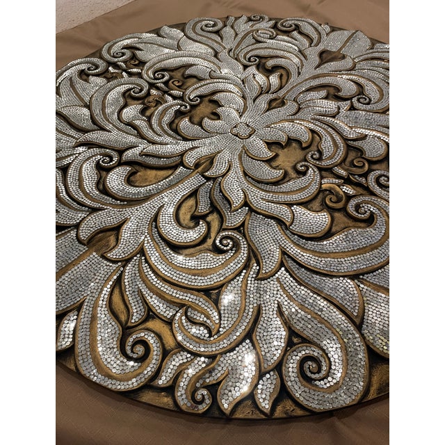 Oversized Baroque Filigree Round Carved Medallion Wall Plaque With Metallic Micro-Beading For Sale - Image 10 of 12