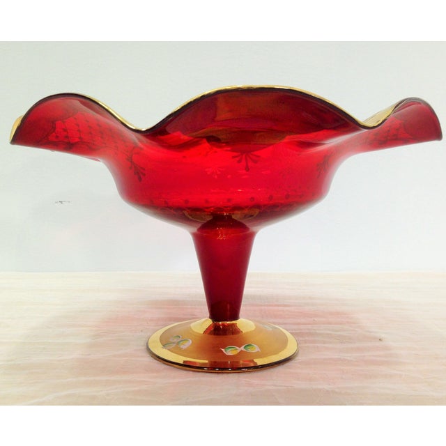 Moroccan Red Glass Compote With Gold Detailing For Sale - Image 3 of 5