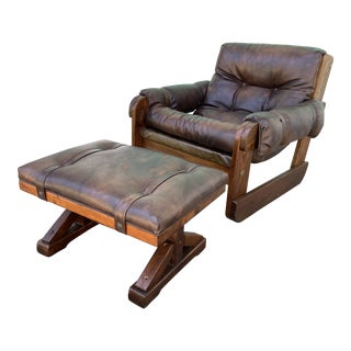 1970s Percival Lafer Style Tufted Leather Lounge Chair + Ottoman - a Pair For Sale