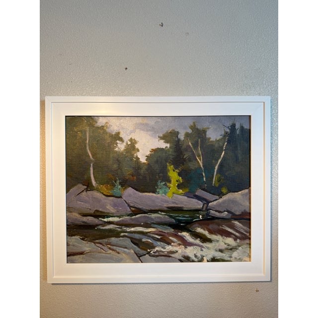 Vintage Painting of a Peaceful River Spillway. For Sale - Image 6 of 6