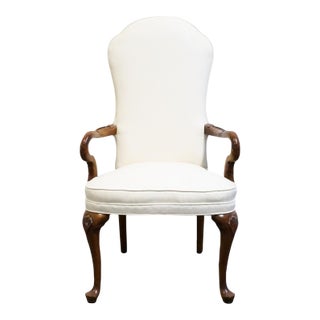 High End Vintage Solid Cherry Traditional Georgian White Upholstered High Back Dining Arm Chair For Sale