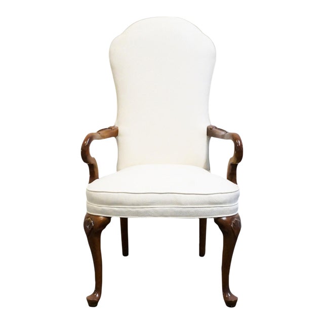 High End Vintage Solid Cherry Traditional Georgian White Upholstered High Back Dining Arm Chair For Sale