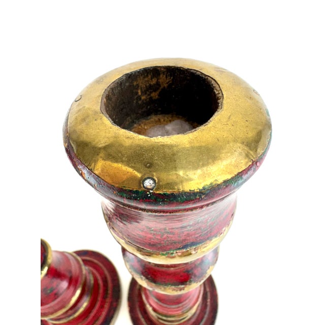 1970s Pair of Hand-Painted Red and Gold Wooden Candleholders With Brass Trim For Sale - Image 4 of 13
