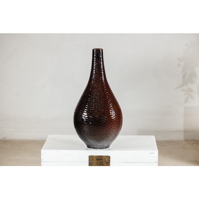 Large Deep Mahogany Brown Artisan Ceramic Vase with Honeycomb Texture For Sale - Image 4 of 18