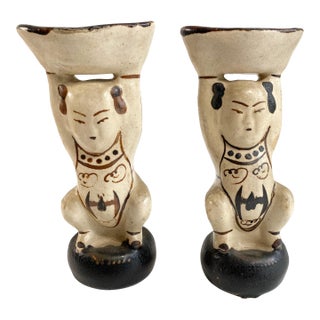 Pair of Chinese Cizhou Style Figural Candlesticks / Censers, China Qing Dynasty For Sale