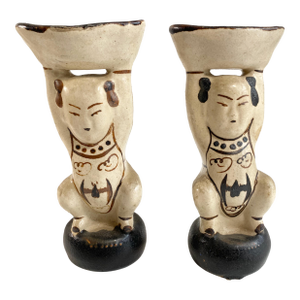 Pair of Chinese Cizhou Style Figural Candlesticks / Censers, China Qing Dynasty