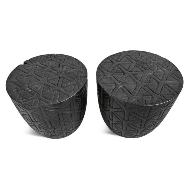 Wood Ebony Gumdrop Acacia Wood Cane Print Stool For Sale - Image 7 of 9