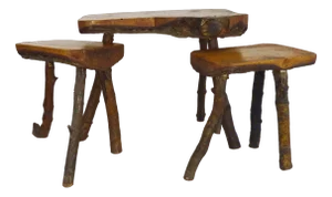 Brutalistic Tripod Coffee Table with 2 Stools, 1960s, Set of 3