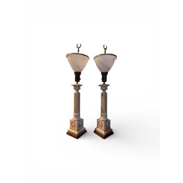 Neoclassical 1970s Pair of Corinthian Column Lamps With Glass Shades. For Sale - Image 3 of 11
