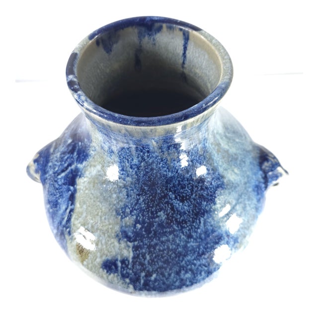 Lg. Chinese or European Cobalt Blue Reduction Glaze Ceramic W/ Jug Elephant Handles For Sale In New York - Image 6 of 10
