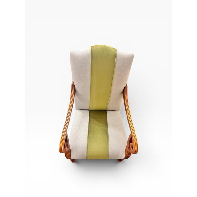 2000 - 2009 Reupholstered Attributed Baker Furniture Milling Road Accent Chair With Embossed Leather Back For Sale - Image 5 of 11