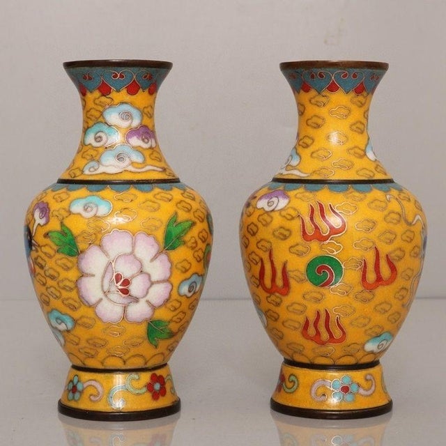 Traditional Pair of Vintage Cloisonne Enamel Vases – 6.1" Yellow Ground Dragon & Phoenix Vases For Sale - Image 3 of 9