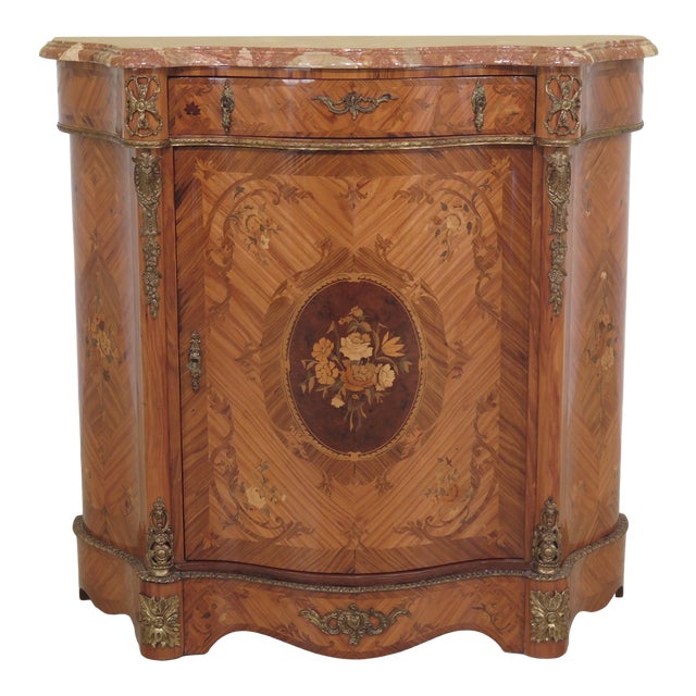 1980s Italian Marble Top Inlaid Commode With Bronze Trim For Sale
