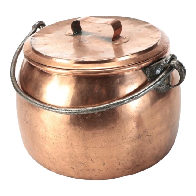 Antique Copper Stock Pot Cauldron With Wrought Iron Handle For Sale