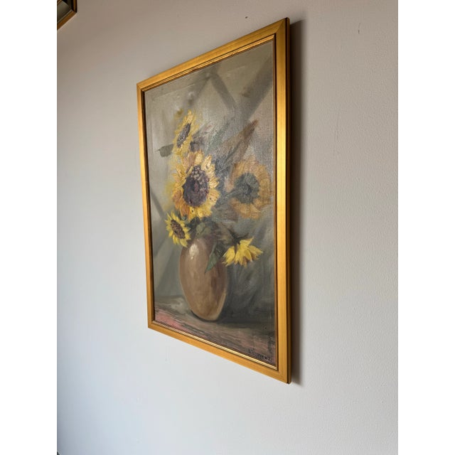 Realism Vintage A. Vincenzi Sunflower Still Life Oil Painting, Framed/ Sold For Sale - Image 3 of 10
