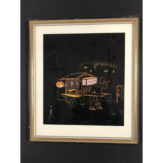 Mid-Century Modern Mid 20th Century Black and Gold Rickshaw Japanese Style Scenic Signed, Pair For Sale - Image 3 of 9