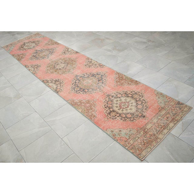 Textile 3x12 Vintage Oushak Runner Rug, Faded Salmon Pink and Sage Green Hallway Runner, 1970s Handmade Anatolian Corridor Rug, Kitchen Runner For Sale - Image 7 of 13