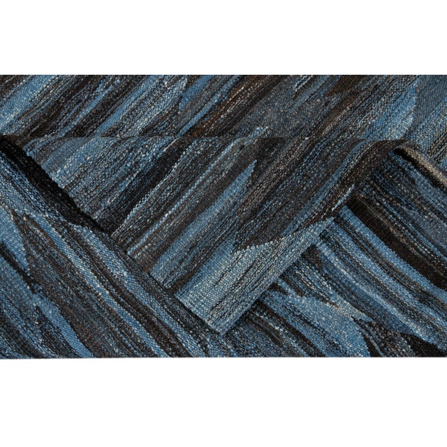 2010s Modern Abstract Flatweave Room Size Wool Rug in Blue For Sale - Image 5 of 13