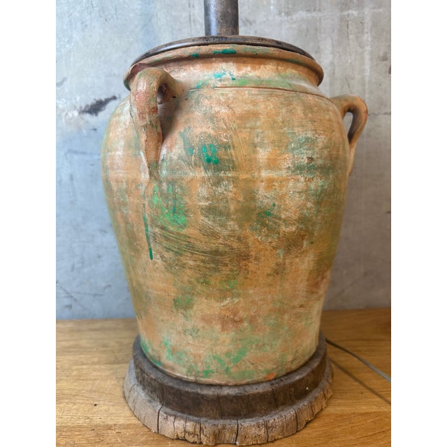 Mid 19th Century Vintage Rustic Terracotta Olive Jar Table Lamp Green Patina Wood Base For Sale - Image 5 of 11