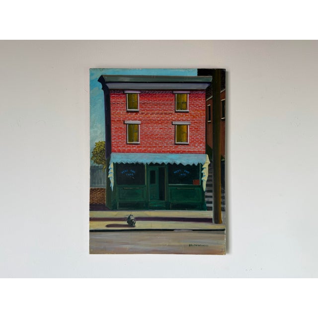 1980’s j.d. Fotopoulos “West End Cafe” Urban Streetscape Oil on Canvas – Unframed For Sale - Image 4 of 12