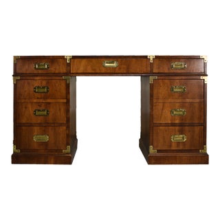 1970s English Campaign Style Partner Desk by Henredon For Sale