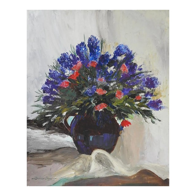 Vintage Mid 20th Century Impressionist Blue Red Floral Still Life Painting For Sale