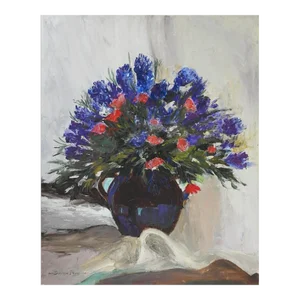 Vintage Mid 20th Century Impressionist Blue Red Floral Still Life Painting
