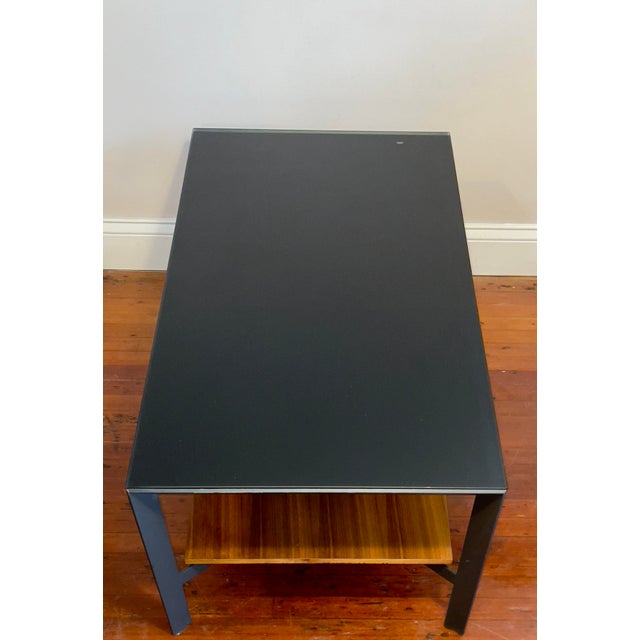 1980s Matthew Weatherly for Bdi Designs Coffee Table With Satin Glass Top & Black Iron Frame For Sale - Image 9 of 11