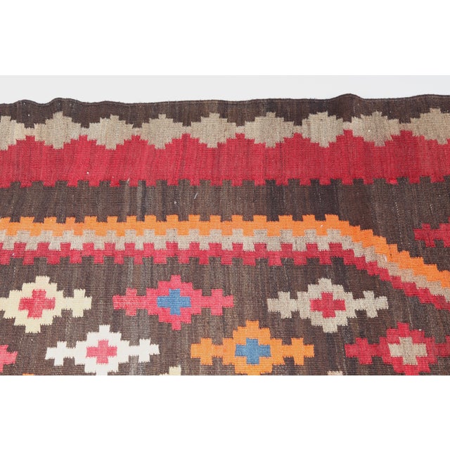 Mid 20th Century Antique Caucasian Karabagh Kilim With Bold Tribal Medallion in Crimson & Red Tones -4' 4'' X 10' 4'' For Sale - Image 5 of 7