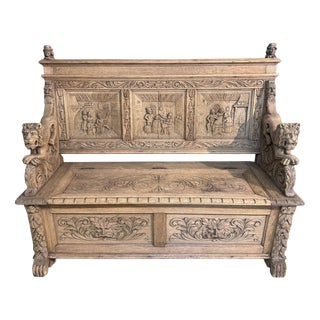 Antique French Carved Oak Bench with Tavern Scene, 1850 For Sale
