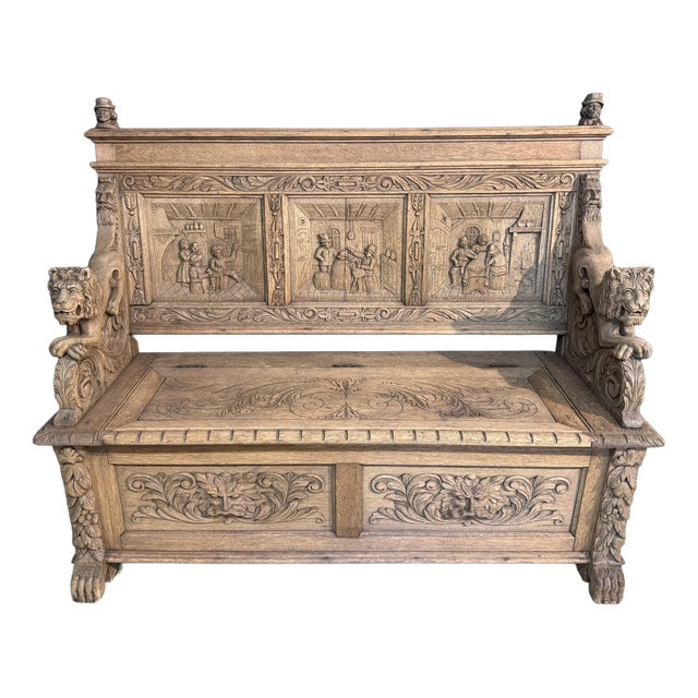 Antique French Carved Oak Bench with Tavern Scene, 1850 For Sale