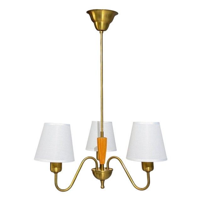 Swedish Modern, Pendant Light, Brass, Wood, Sweden, 1940s For Sale