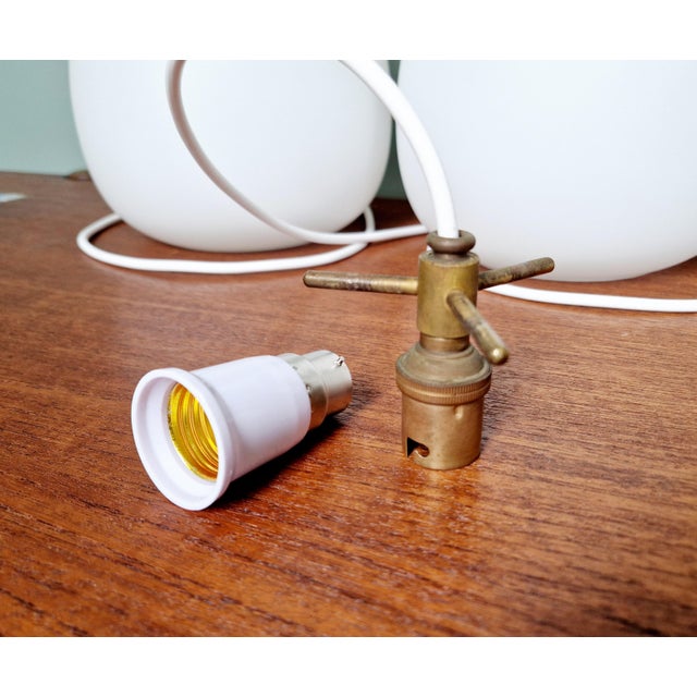 Scandinavian Pendant Lights in White Satin Glass and Brass, 1960s, Set of 3 For Sale - Image 13 of 18