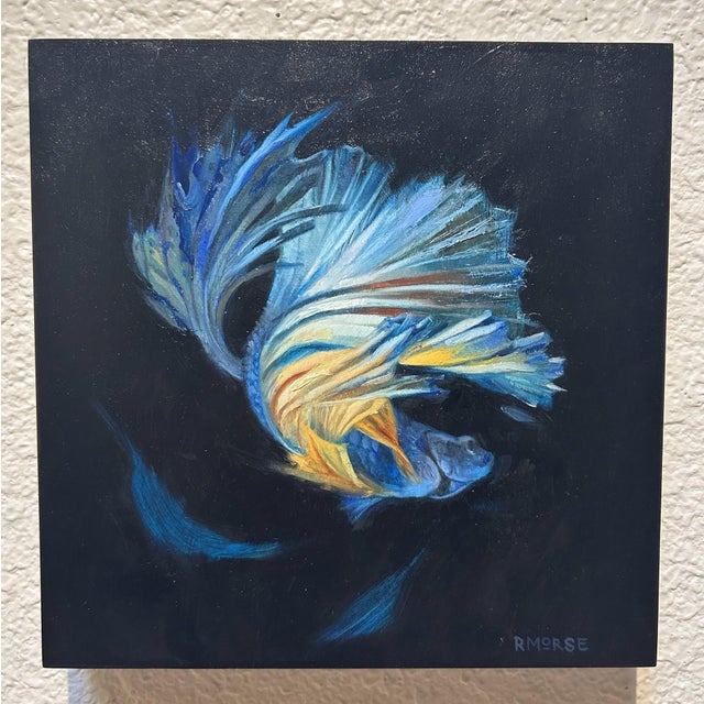 Contemporary Betta Fish by Ryan Morse | Oil on Panel Oil painting of a colorful betta fish on a dark background. For Sale - Image 3 of 3