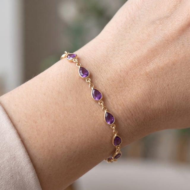 Contemporary Purple Amethyst Teardrop Bracelet | Bezel Set Gemstone Chain Link Bracelet | Dainty February Birthstone Bracelet For Sale - Image 3 of 5