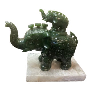 1940s Exquisite Asian Carved Natural Jasper Jade 7” Trunk Up Elephant W/ Baby Elephant Symbol of Peace, Prosperity & Wisdom For Sale