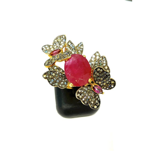 Art Deco Bochic "Orient" Vintage Ruby & Sapphire Vintage Cluster Ring Set 18K & Silver For Sale - Image 3 of 18