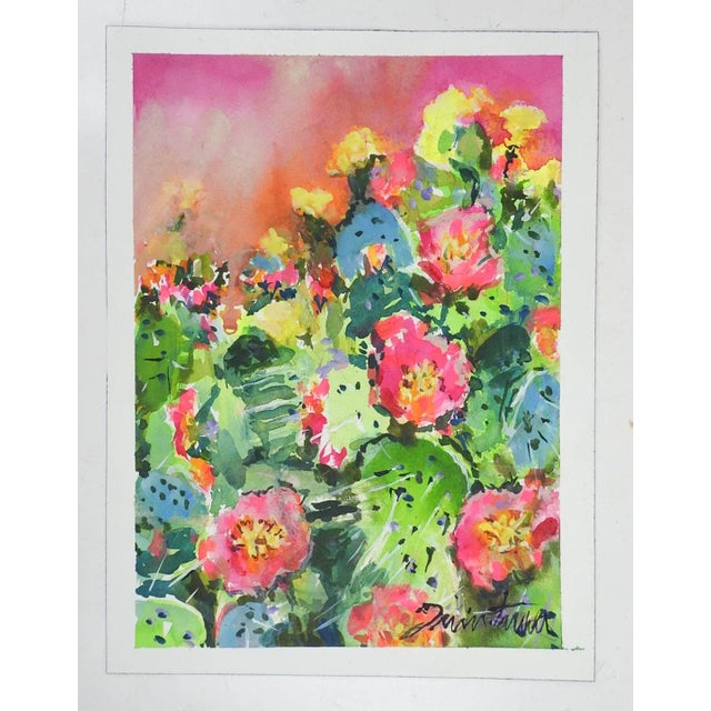 Contemporary Contemporary Bright Hot Pink Cactus Flowers Watercolor Painting For Sale - Image 3 of 3