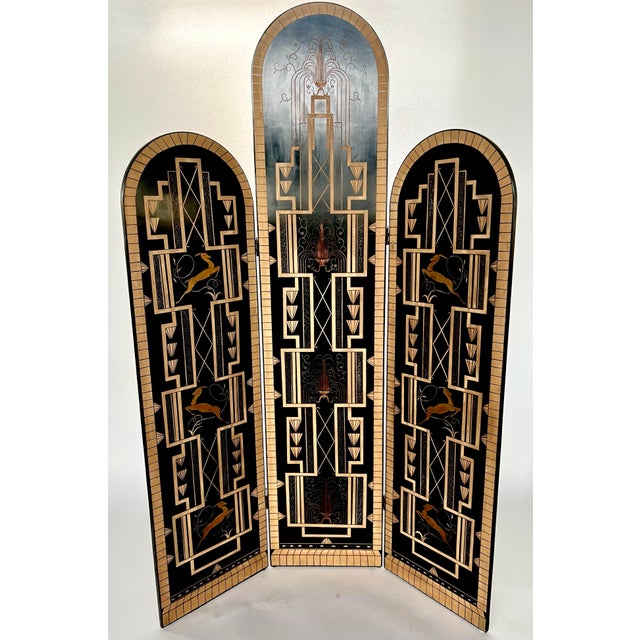 Wood Mid 20th Century Art Deco Gilt and Black Lacquer 3-Panel Divider Screen For Sale - Image 7 of 7