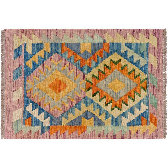 Rustic Turkish Kilim Purple Beige Hand-Woven Wool Rug For Sale - Image 9 of 9