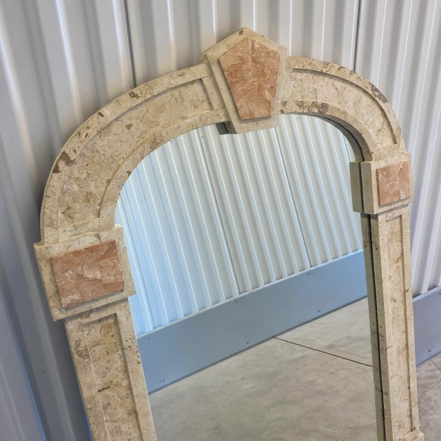 1990s Postmodern Travertine and Inlaid Blush Marble Mirror For Sale - Image 5 of 13