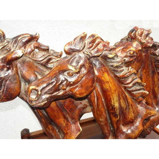 Brown Large Vintage Table Top Three Galloping Horses Statue - Room Decor For Sale - Image 8 of 12
