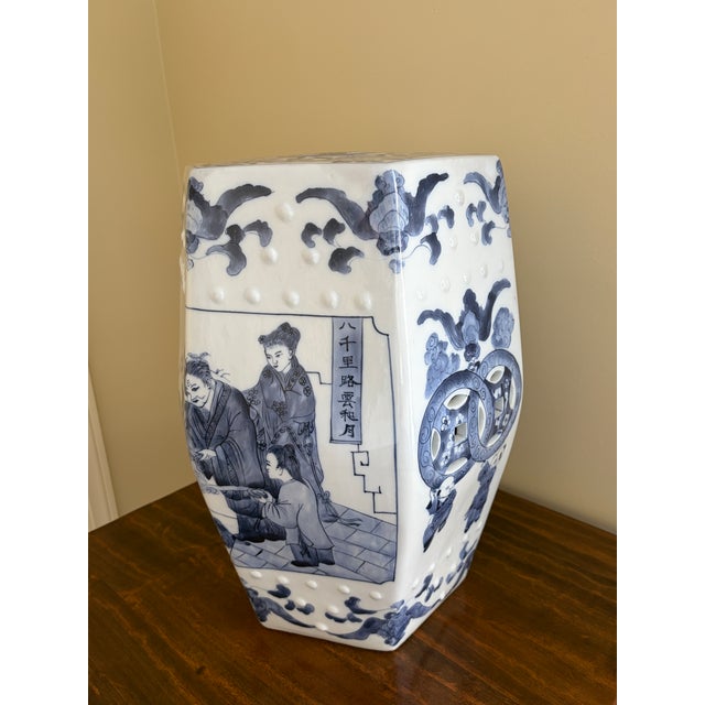 Chinoiserie Blue and White Porcelain Chinoiserie Hexagonal Garden Stool or Side Table For Sale - Image 3 of 11